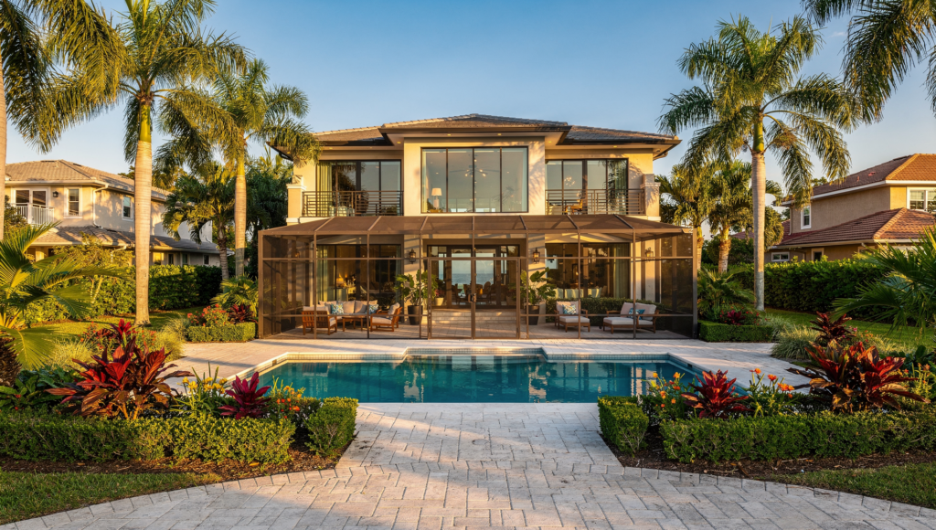 Clearwater Florida home with screened pool and tropical landscaping