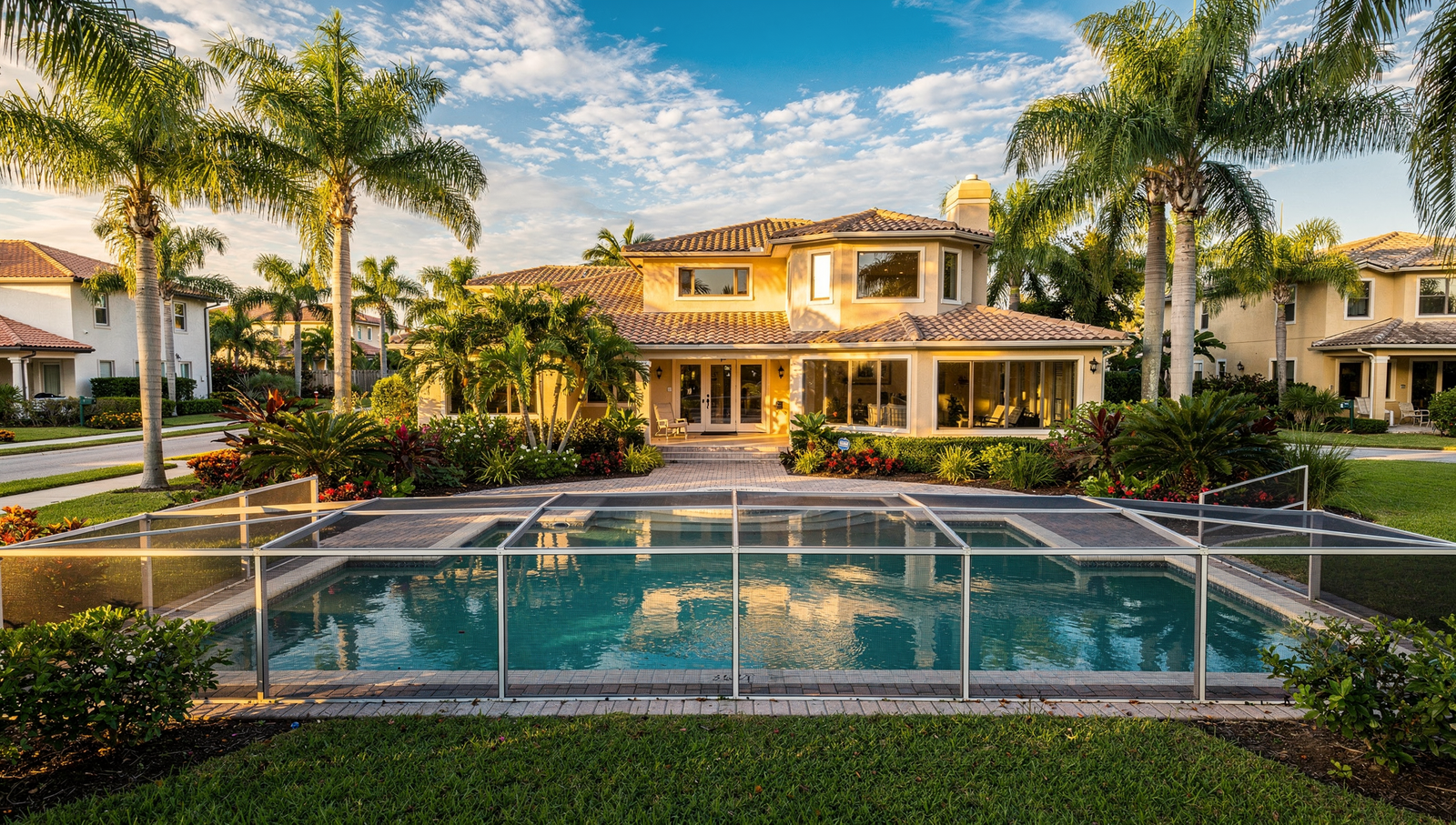 Clearwater Florida home with screened pool and tropical landscaping