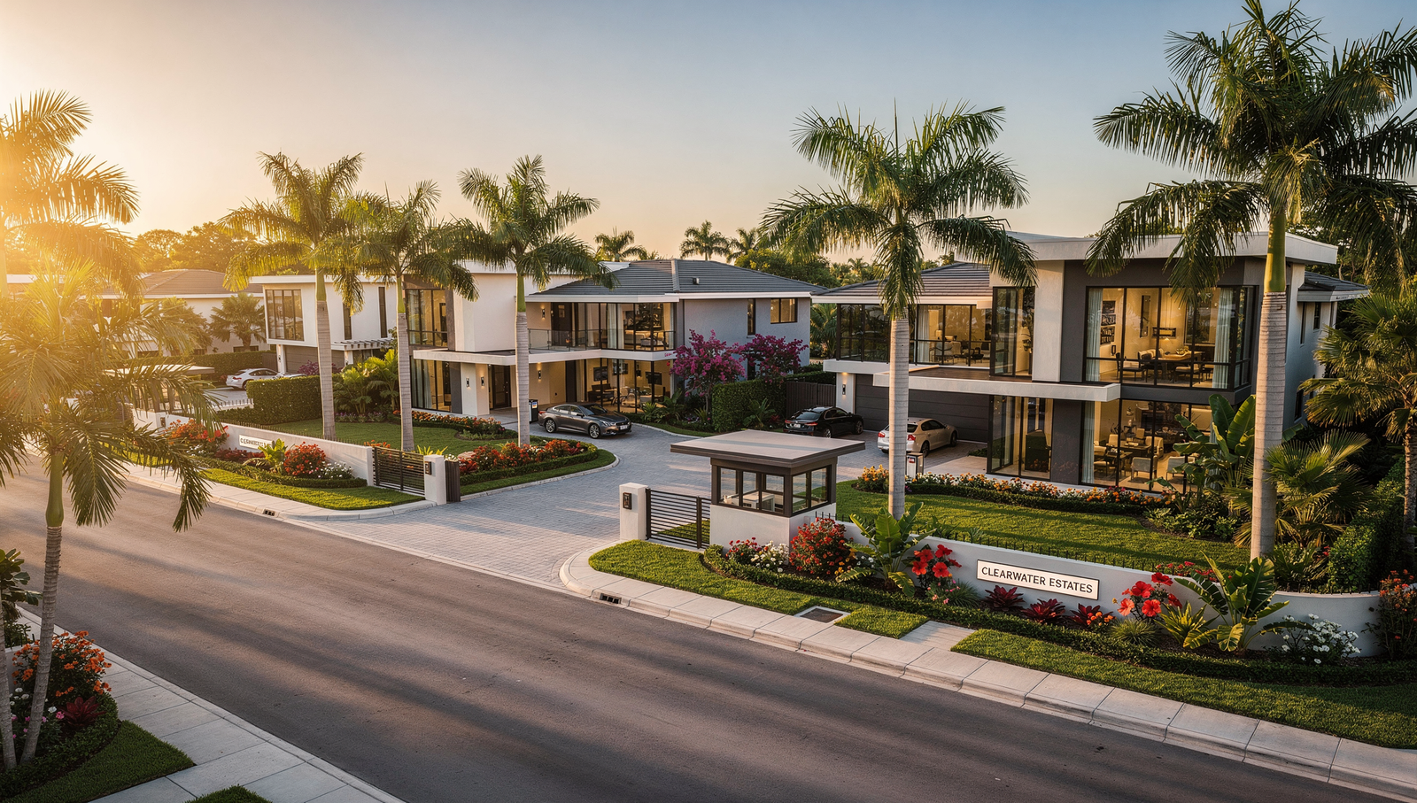 Clearwater gated community homes entrance with palm trees