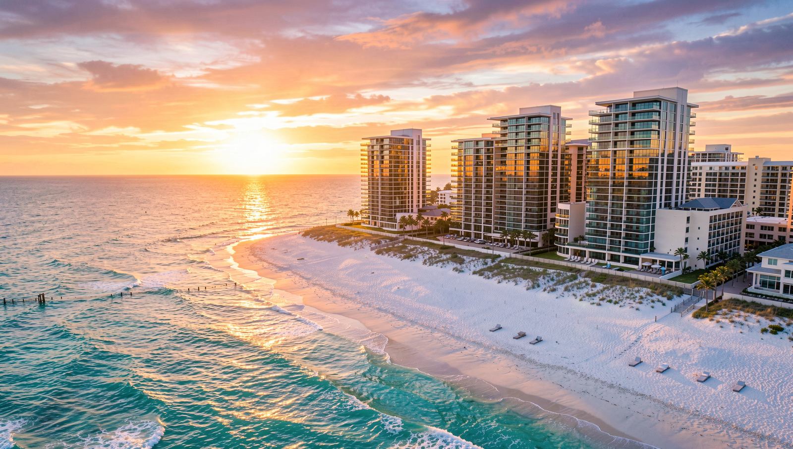 Clearwater Beach ocean view condo building at sunset