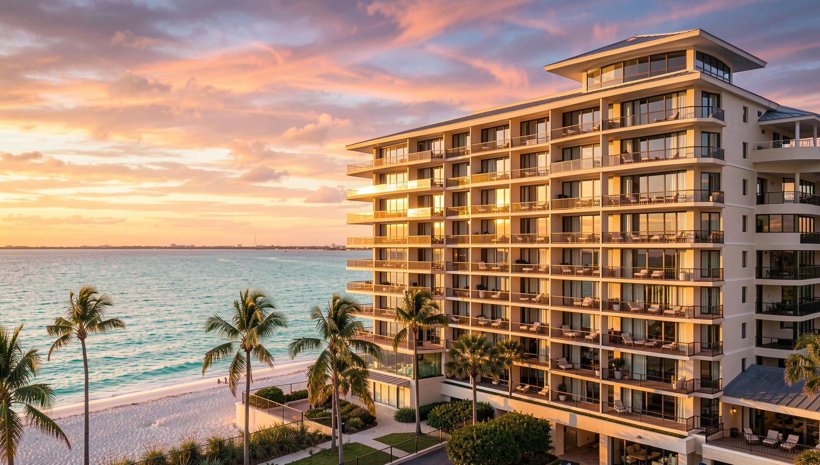 Clearwater Beach ocean view condo building at sunset
