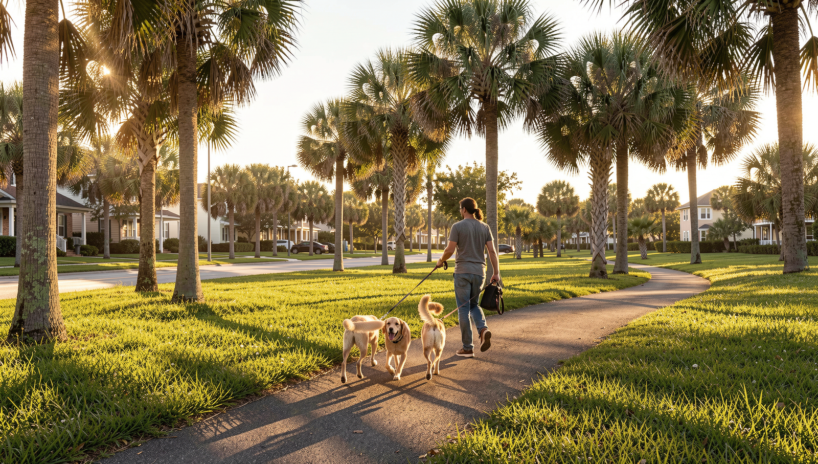 Dog walking through a pet friendly Clearwater neighborhood